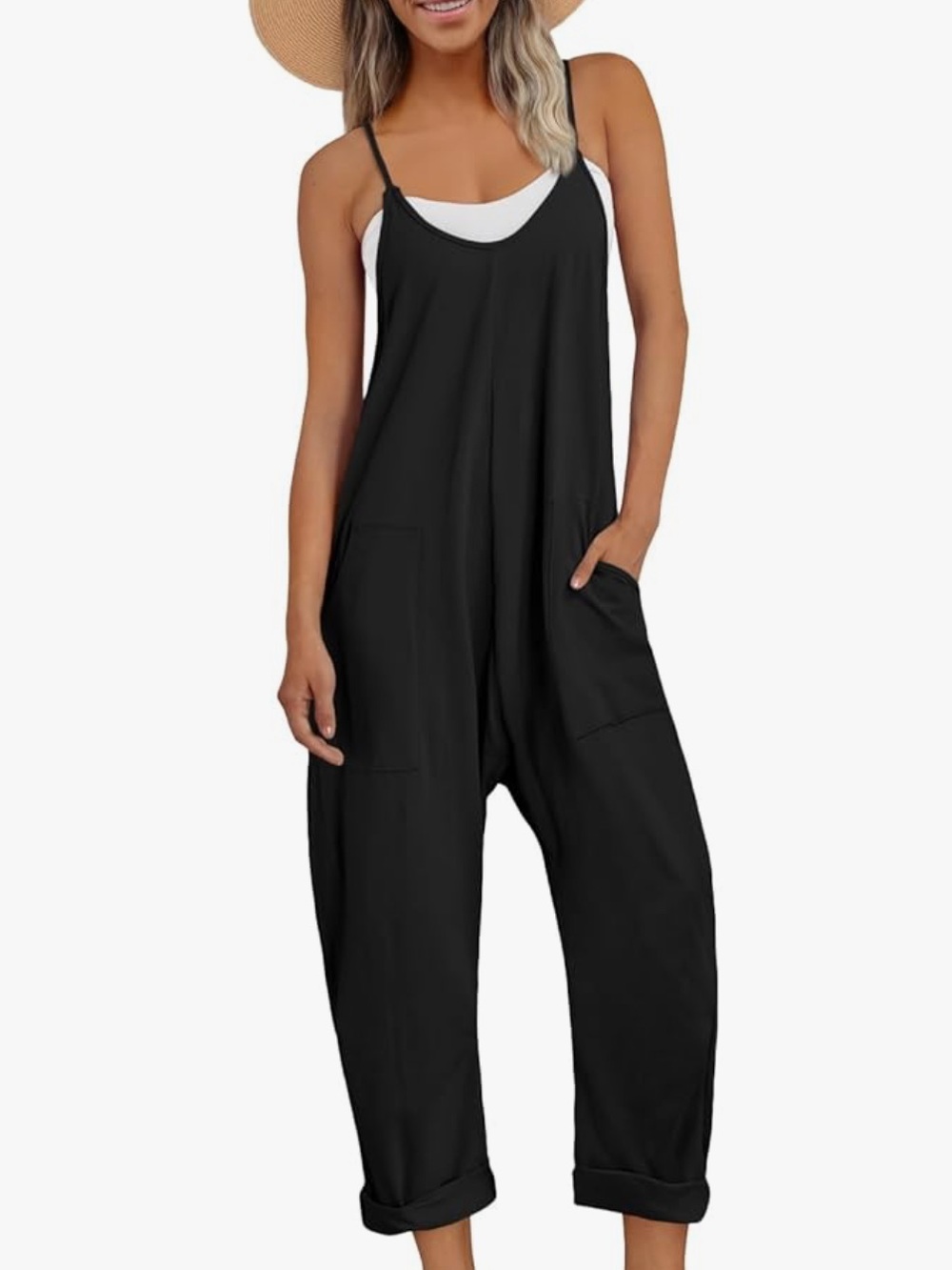 Women's Small Black Sleeveless Wide-Leg Jumpsuit with Pockets